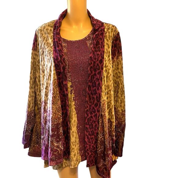Y2K ONEWORLD Floral Animal Art To Wear Velvet KIMONO open cardigan jacket Sz L - Picture 1 of 7